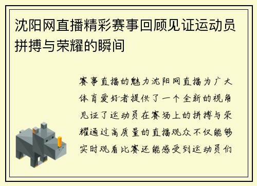 沈阳网直播精彩赛事回顾见证运动员拼搏与荣耀的瞬间