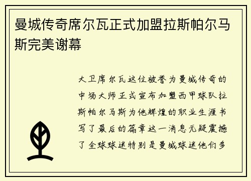 曼城传奇席尔瓦正式加盟拉斯帕尔马斯完美谢幕