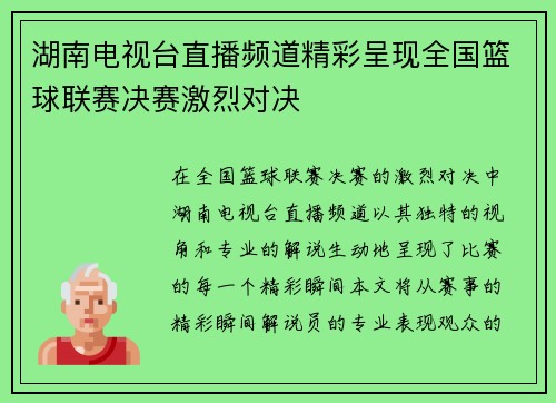 湖南电视台直播频道精彩呈现全国篮球联赛决赛激烈对决